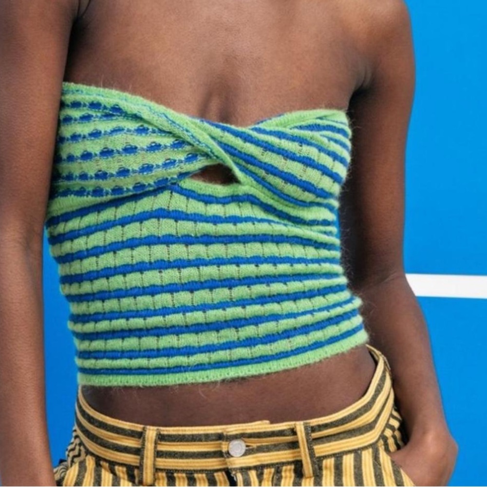 Green and Blue Strapless Top